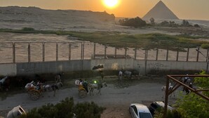 Paisaje desértico con una pirámide al fondo, un muro de concreto con grafitis y un carromato tirado por un burro con gente.