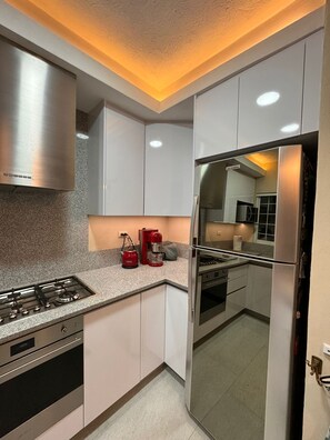Fridge, microwave, oven, dishwasher