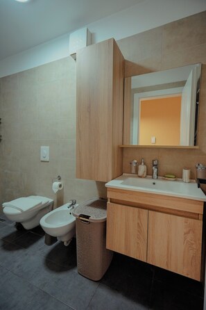 Hair dryer, towels, soap, toilet paper
