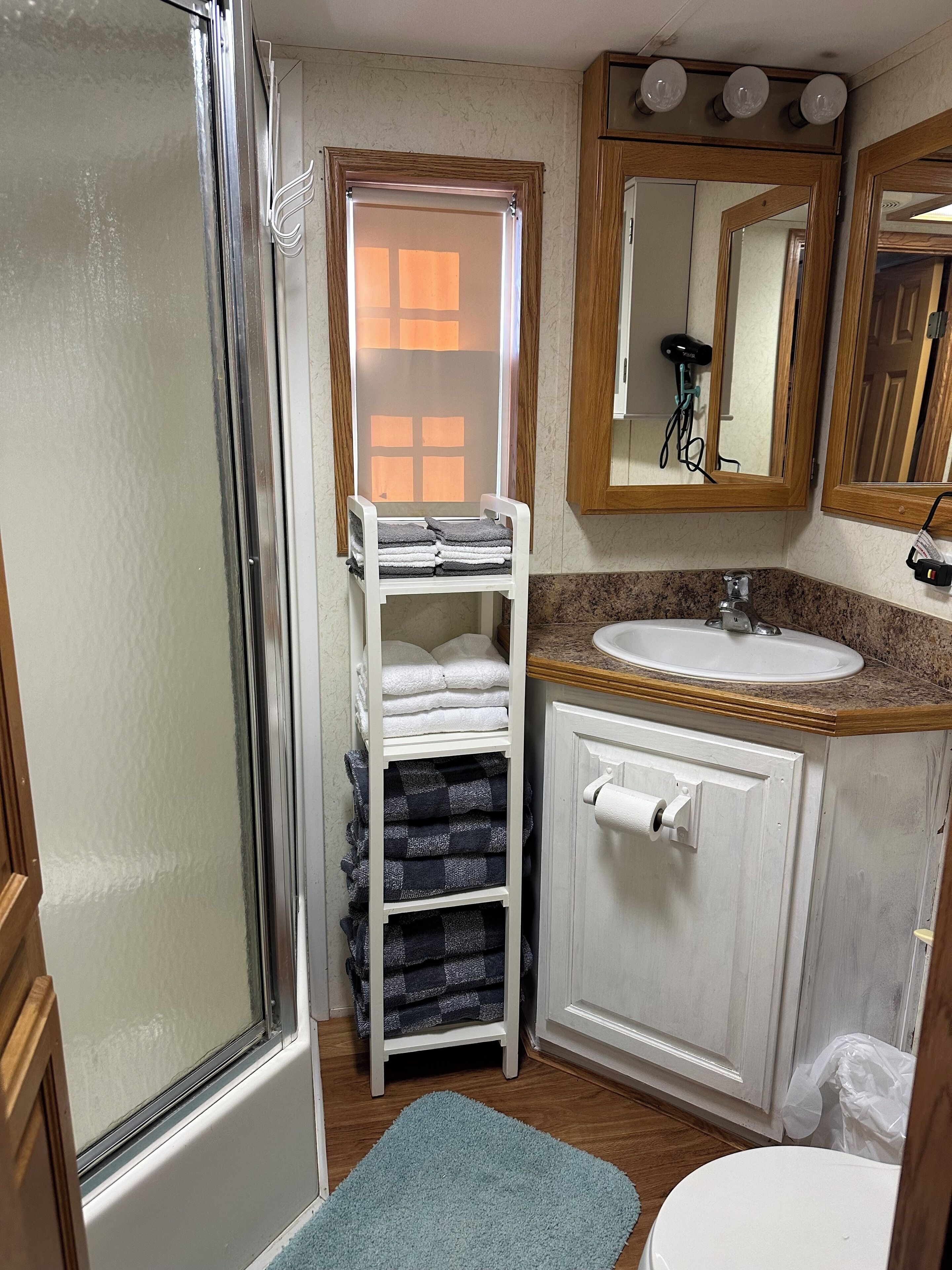 Shower, hair dryer, towels, toilet paper