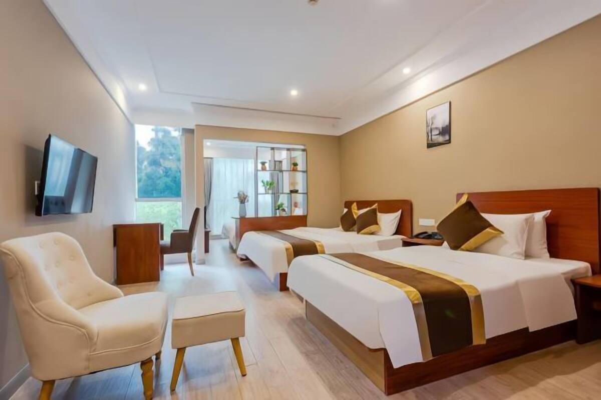 Une chambre d’hôtel avec deux lits, une télévision, une chaise, un bureau et une bibliothèque.
