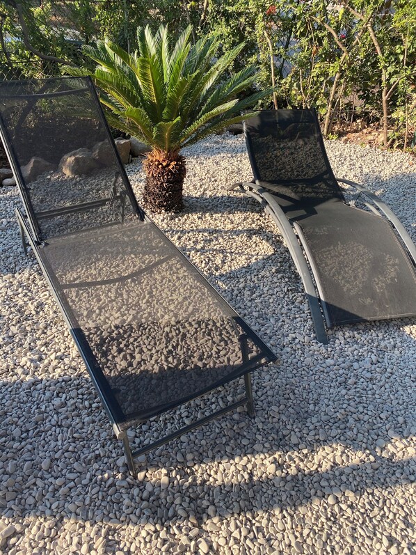 Deux fauteuils de jardin, placés à l’extérieur, avec un palmier et un jardin de rochers en arrière-plan.