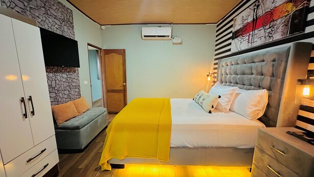 A bedroom with a bed, a wardrobe, a sofa, and a door.
