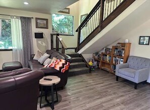 Smart TV, fireplace, books