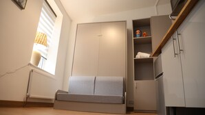 En kompakt bolig med sofa, garderobe og et tekøkken.