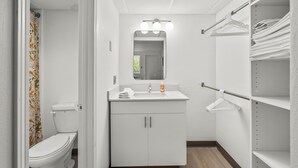 A bathroom with a toilet, sink, mirror, and shelves. - Stay Downtown, Free Gated Parking, Renovated Studio! 512 (Cedar Falls)