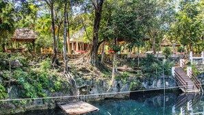 A natural pool with a wooden deck and a rope bridge.