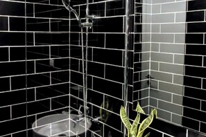 Douche, sèche-cheveux, serviettes fournies, savon