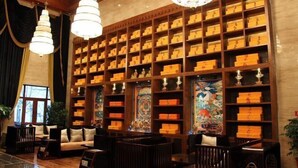 A library with bookshelves, a sofa, and a chandelier. - Helan Mountain Forest Park Visitor Service Center (Alxa Left Banner)
