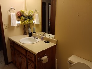 Baño con lavamanos, espejo, inodoro y armarios de madera.