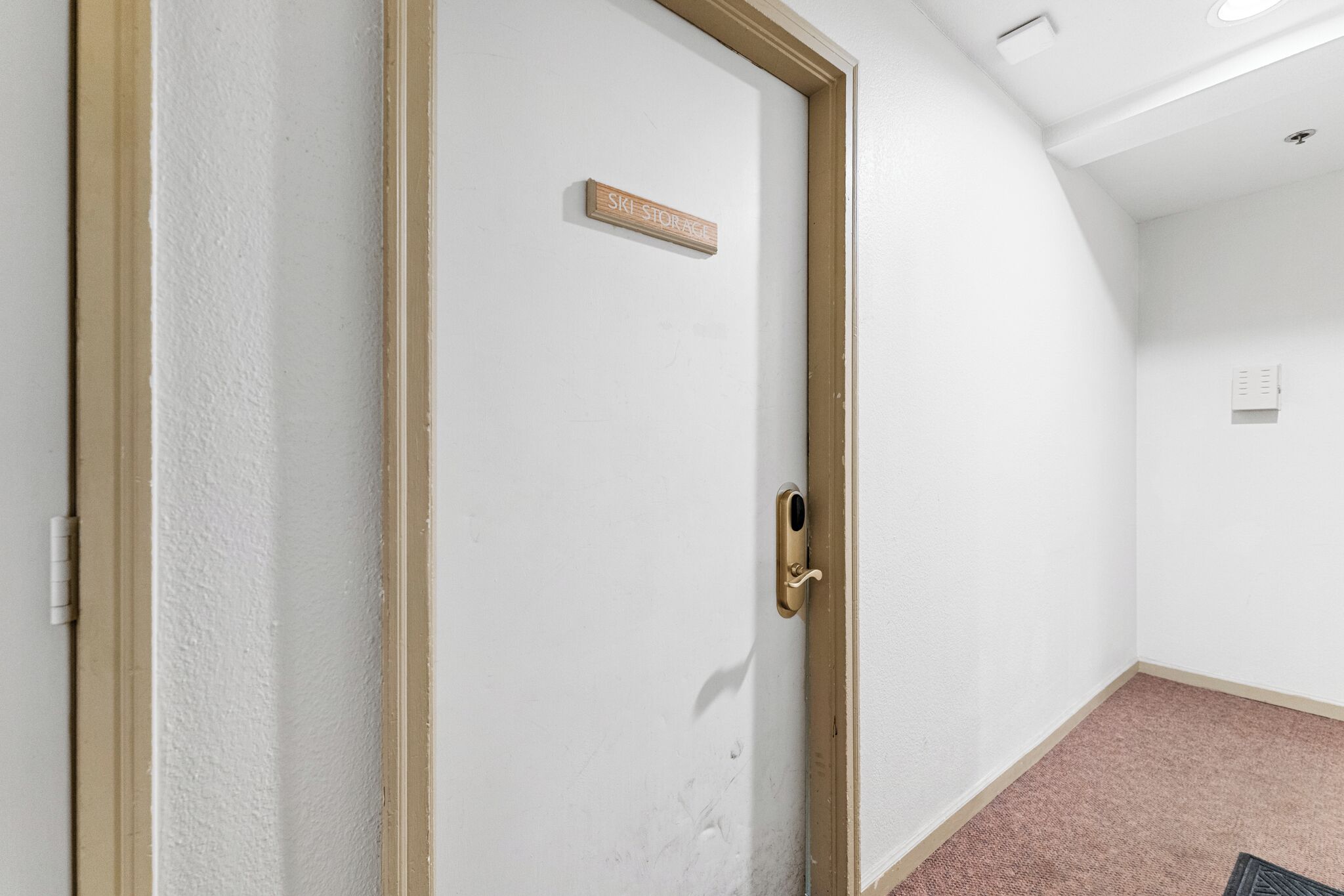 A white door with a brass handle and a sign above it that reads "Ski Storage."