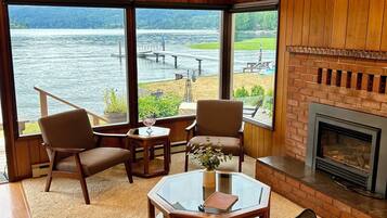 Smart TV, fireplace, books