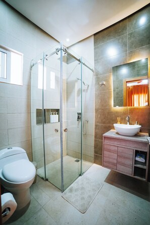 Dusche, Haartrockner, Handtücher, Seife