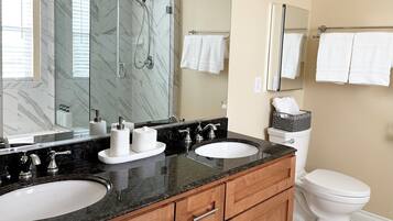 Hair dryer, towels, soap, shampoo