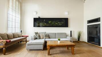 Appartement Duplex Supérieur, vue fleuve | Coin séjour | Télévision LCD de 50 pouces avec chaßnes par cùble