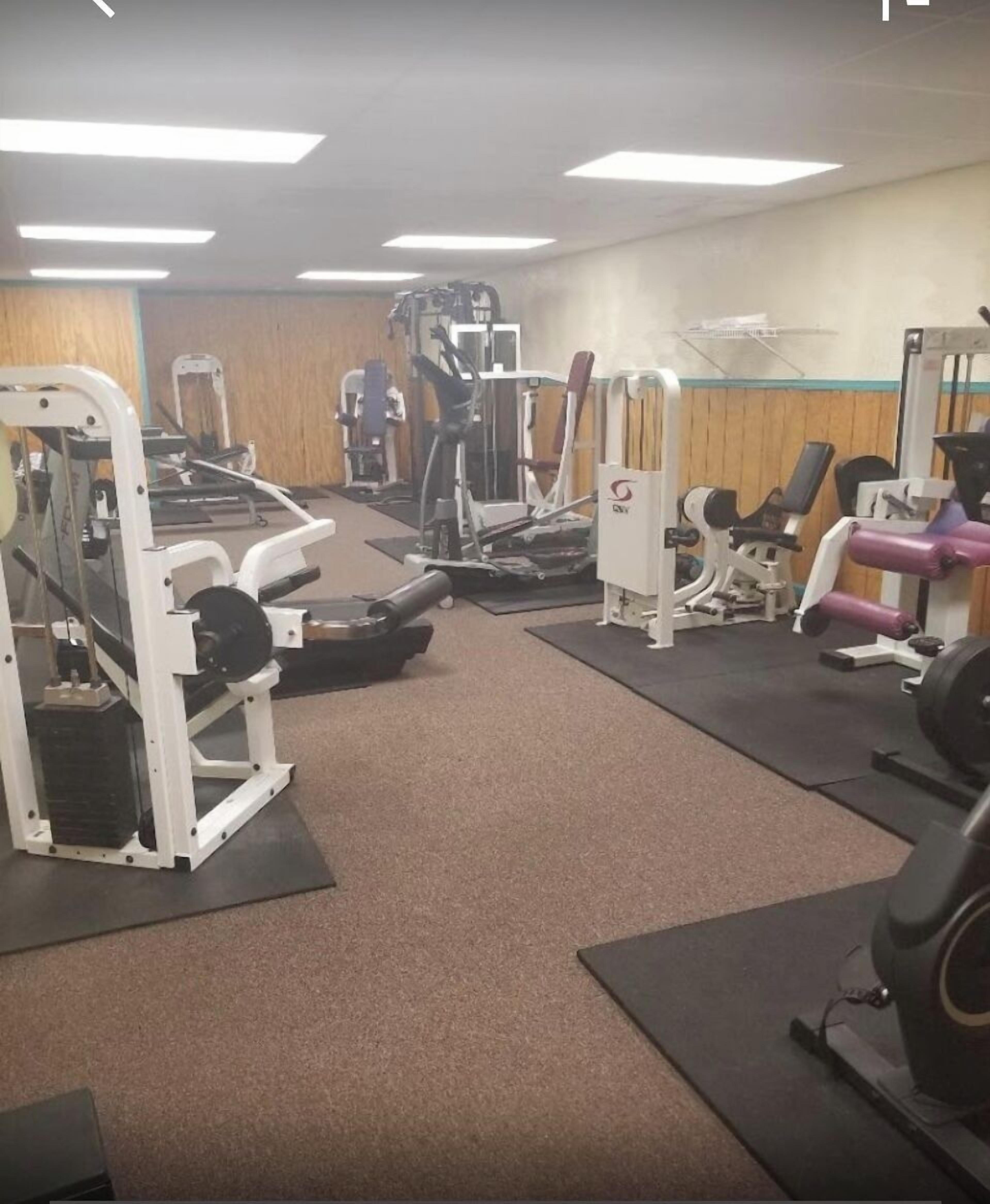 Un gimnasio con diversos equipos de ejercicio, incluyendo máquinas de pesas y máquinas de cardio, dispuestos sobre colchonetas.