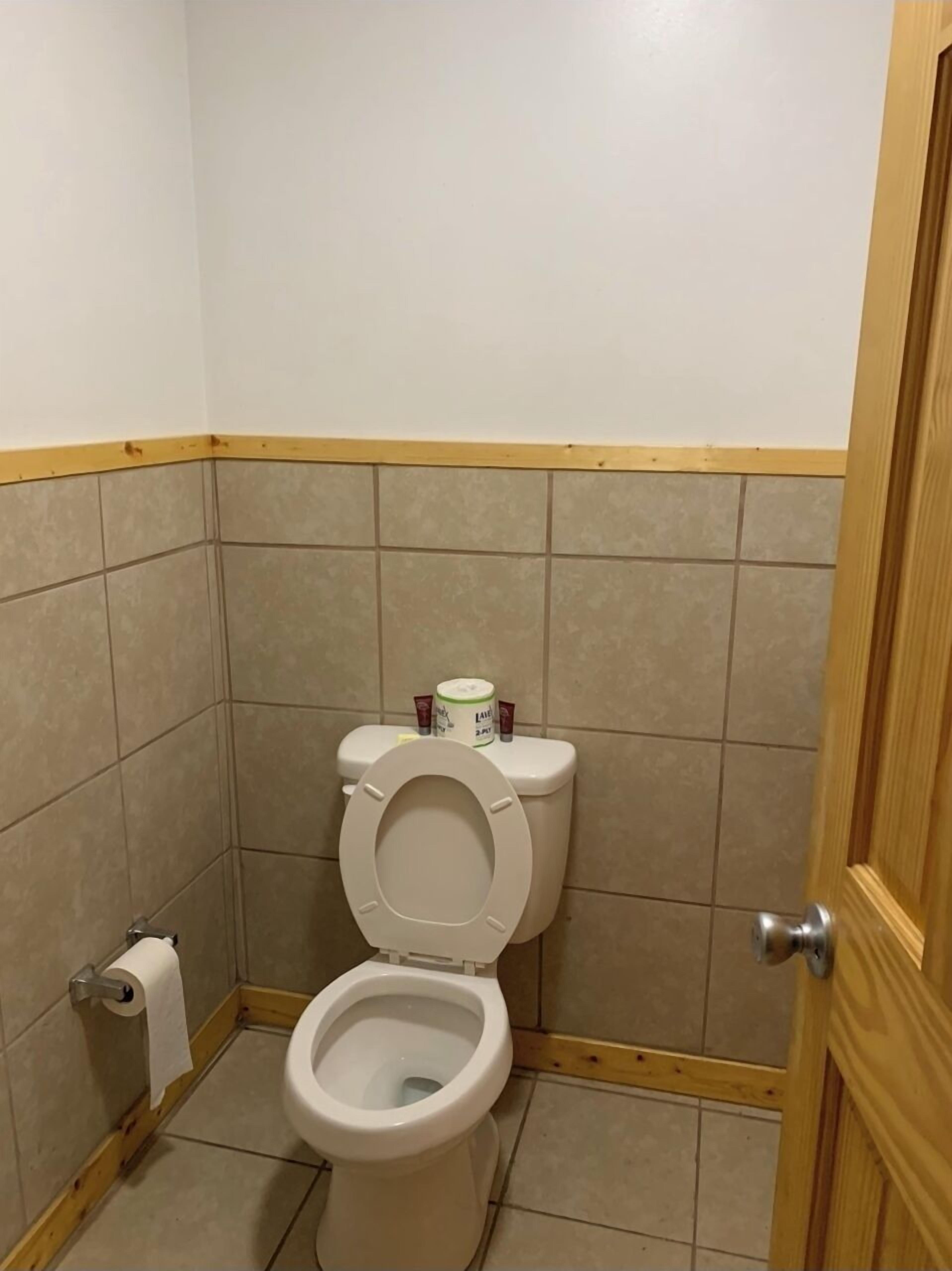 Un baño pequeño con inodoro, un rollo de papel higiénico y un cepillo para el inodoro.