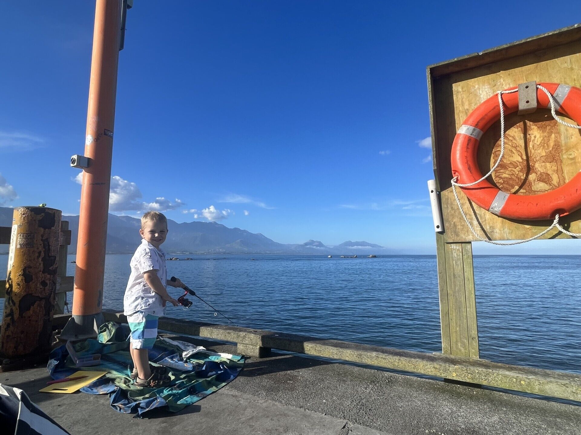 A child fishing by a pier with a lifebuoy and a camera on a pole.