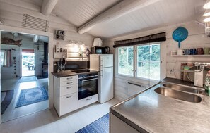 Réfrigérateur, un four, surface de cuisson, cafetière-théière