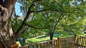 Una terrassa de fusta amb barana que dona a un jardí ben cuidat i arbres.