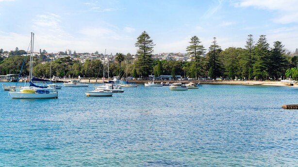 A marina with various boats docked, surrounded by a coastal town and trees. - Pet-Friendly Home Just Minutes from Bondi Beach (Bellevue Hill)