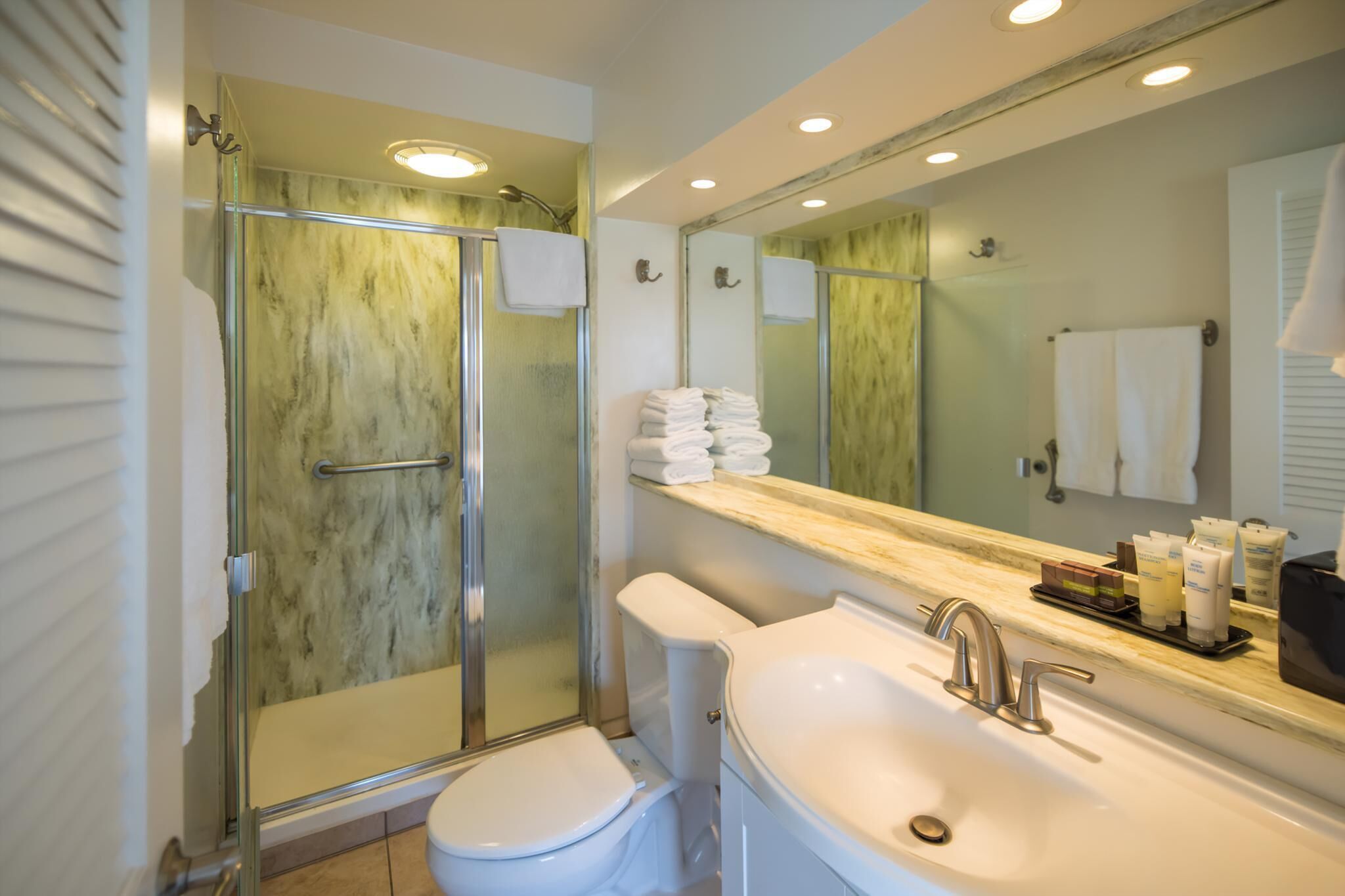 Hair dryer, towels, soap, shampoo