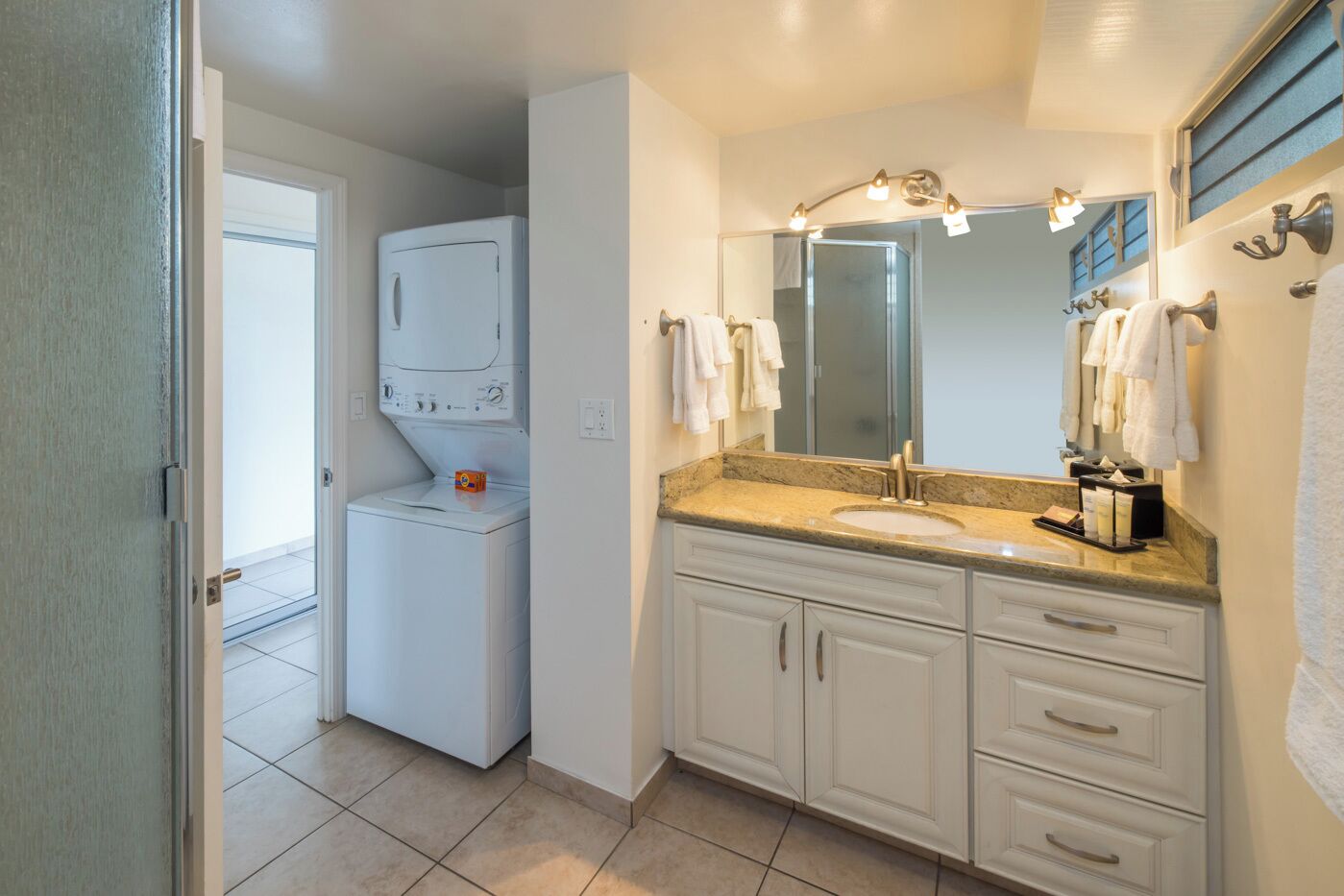 Hair dryer, towels, soap, shampoo