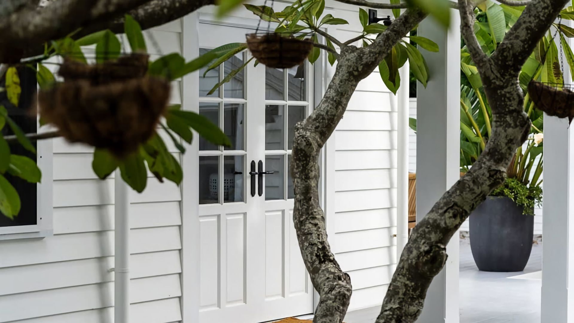 A white house with a door and windows, surrounded by trees and plants.