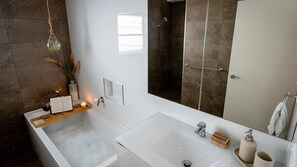Shower, hair dryer, towels