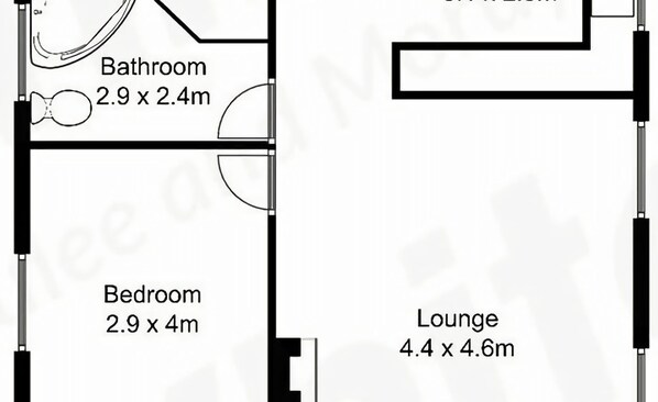 Plano de planta con baño (2,9 x 2,4m), dormitorio (2,9 x 4m) y salón (4,4 x 4,6m).