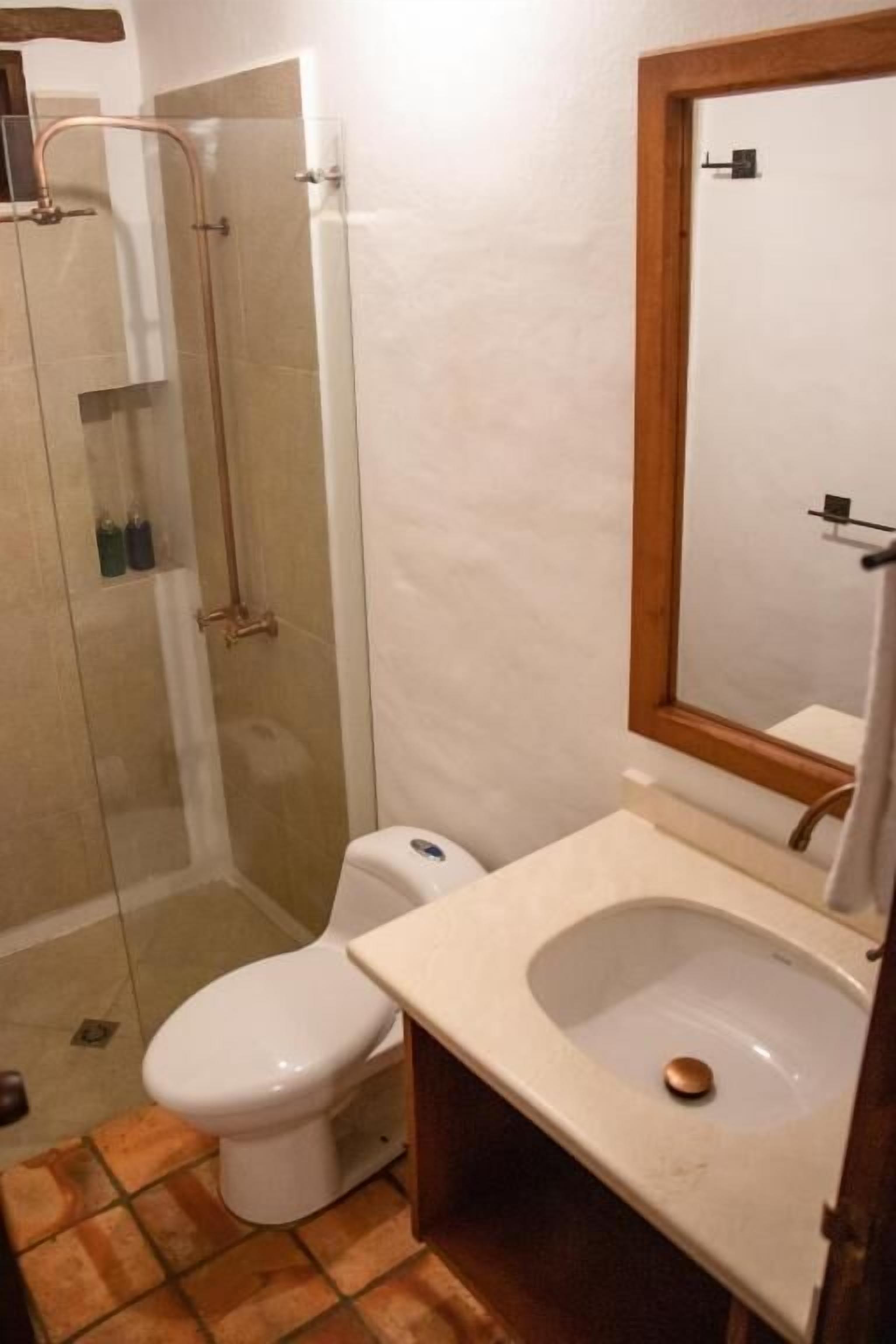 Un baño con ducha de vidrio, inodoro y lavabo con espejo.