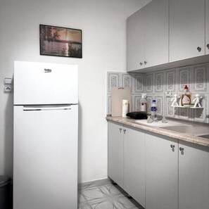 Fridge, oven, cookware/dishes/utensils