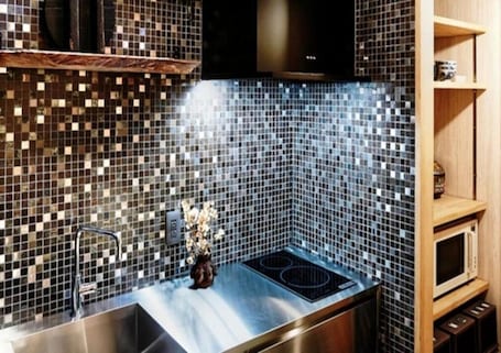 Full-size fridge, microwave, stovetop, rice cooker