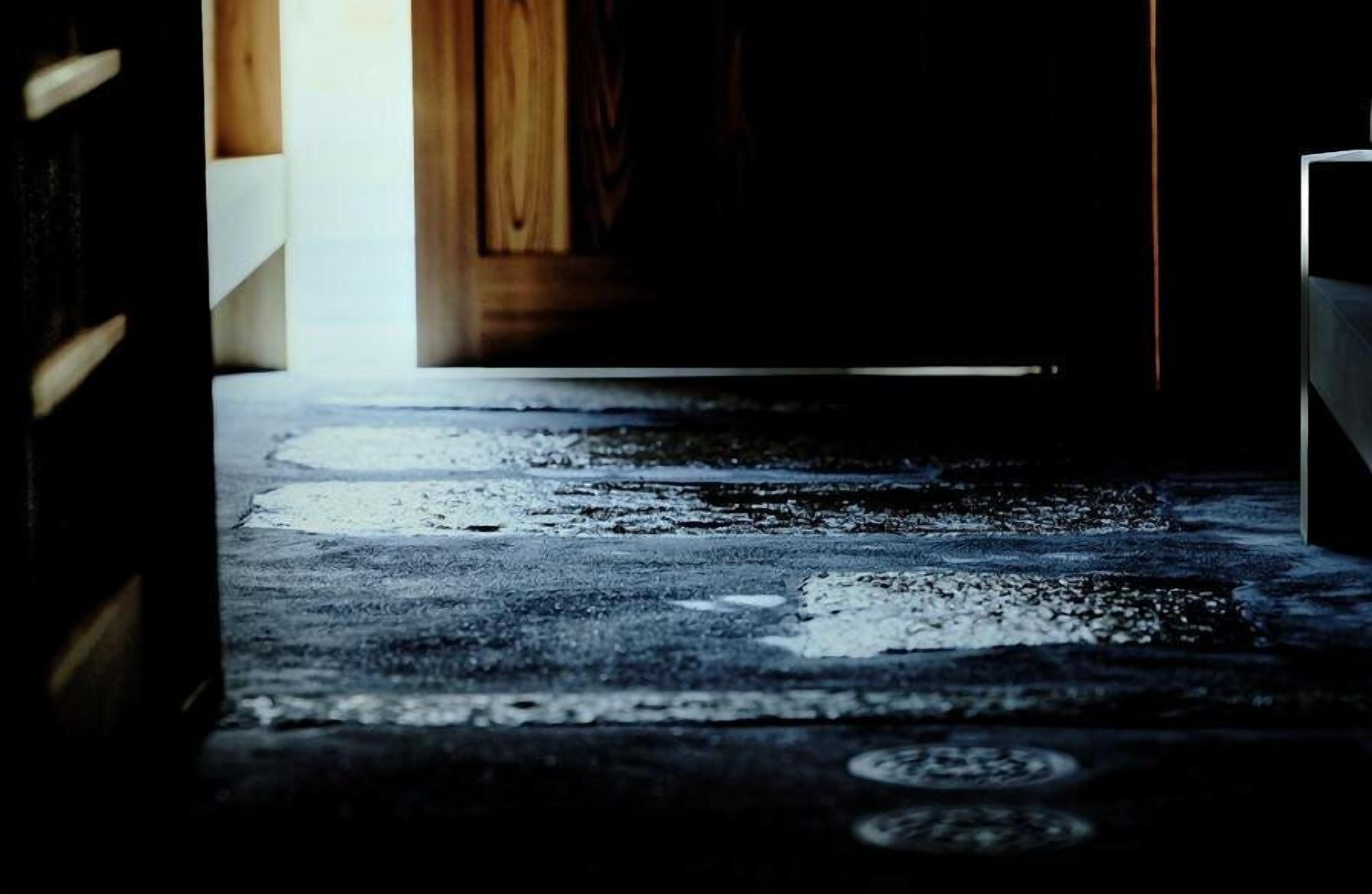 A dimly lit room with a wooden floor and a visible door leading to another space.