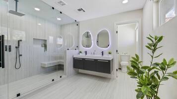 Shower, hair dryer, bidet, towels