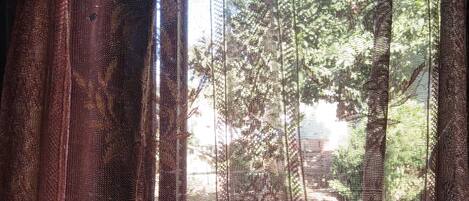 A window with a patterned curtain, through which trees and a building are visible.