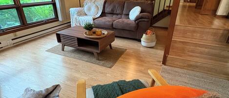 Smart TV, fireplace, books, offices