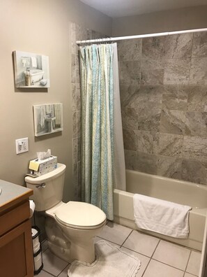 Hair dryer, towels, soap, shampoo