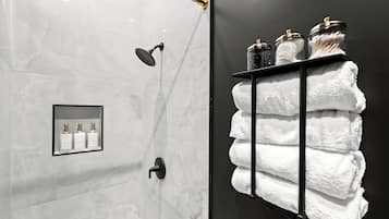 Shower, hair dryer, towels, soap
