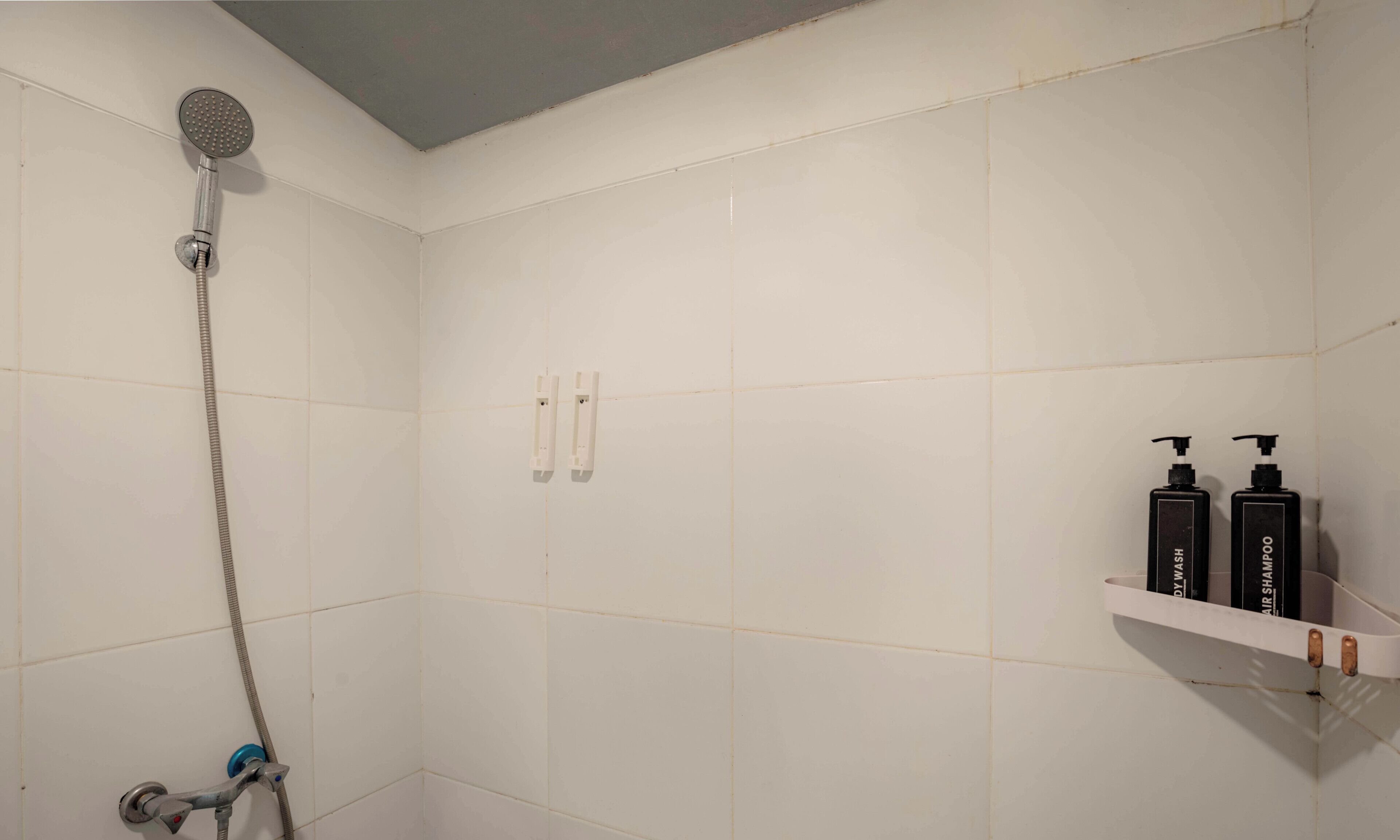 Ducha con cabezal de ducha de mano y grifo empotrado. Hay un estante blanco con dos botellas negras etiquetadas "SHAMPOO" y "SHAMPOO".