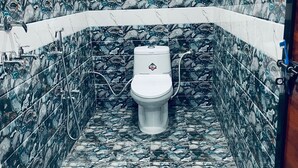 Une salle de bain avec des toilettes, une douche et un seau.