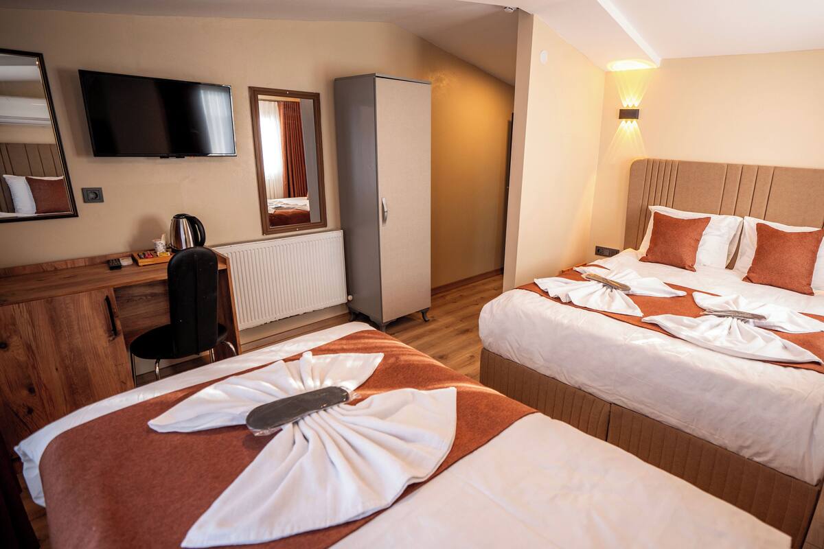 A hotel room with two beds, a TV, a wardrobe, a desk with a chair, and a radiator.