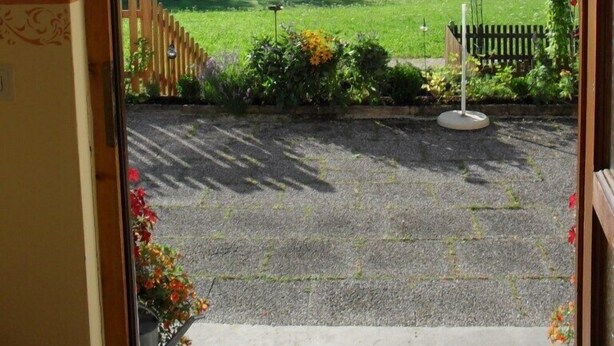 A view from a room with a wooden door leading to a garden.