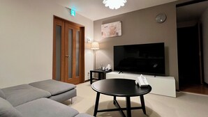 Un salon avec un canapé, un téléviseur, une lampe et un luminaire au plafond.