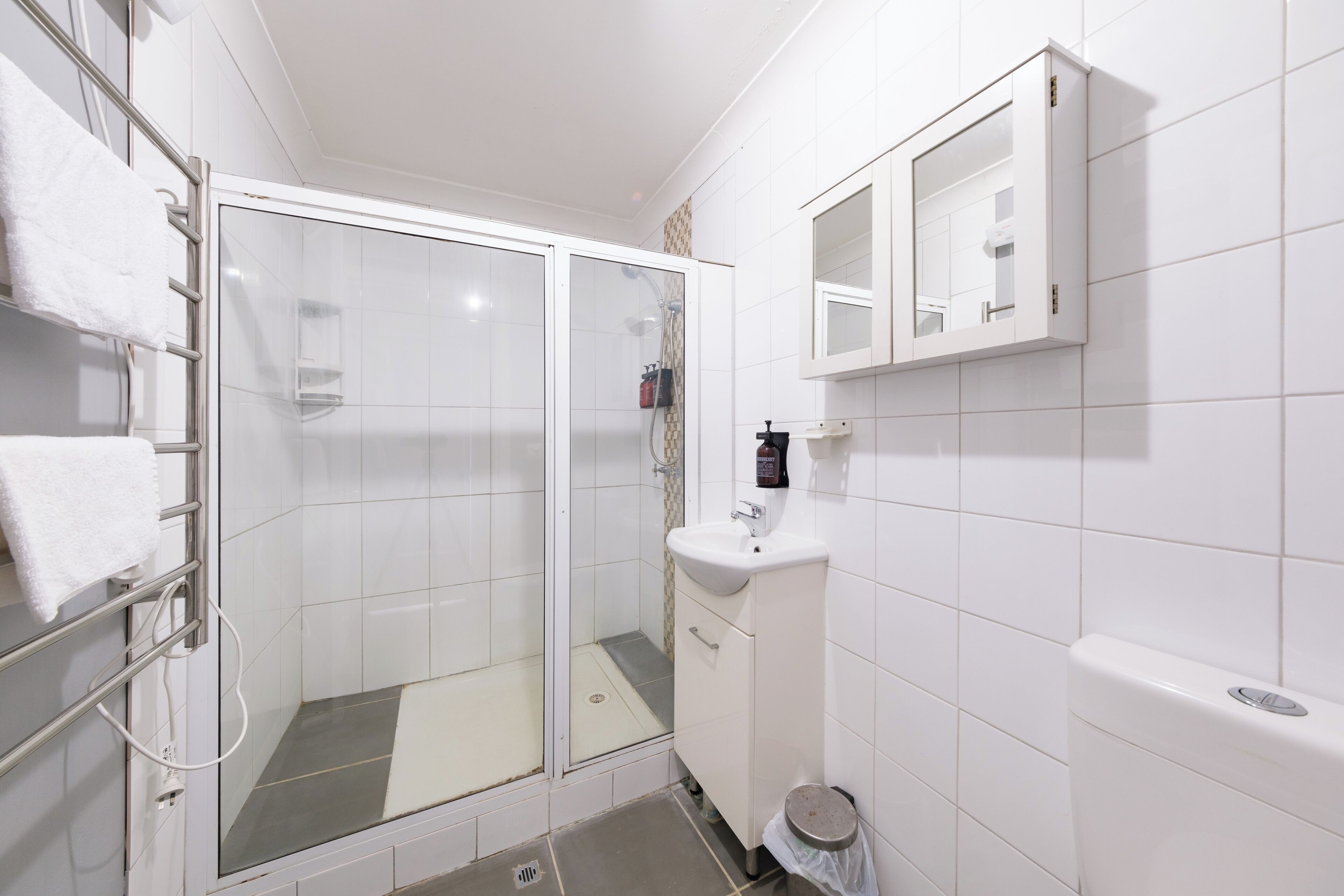 A modern bathroom with a glass-enclosed shower, a white sink, and a mirror above it.