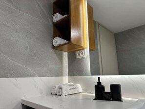 Hair dryer, soap, toilet paper