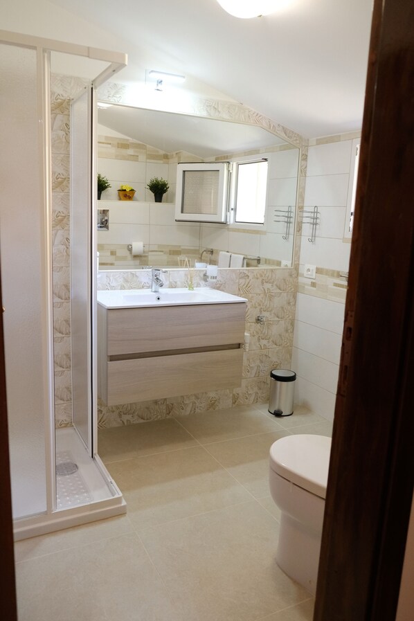 Regadera, secadora de cabello, bidet, toallas