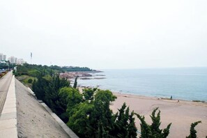 Vista costera con playa, paseo marítimo y edificios a lo lejos.