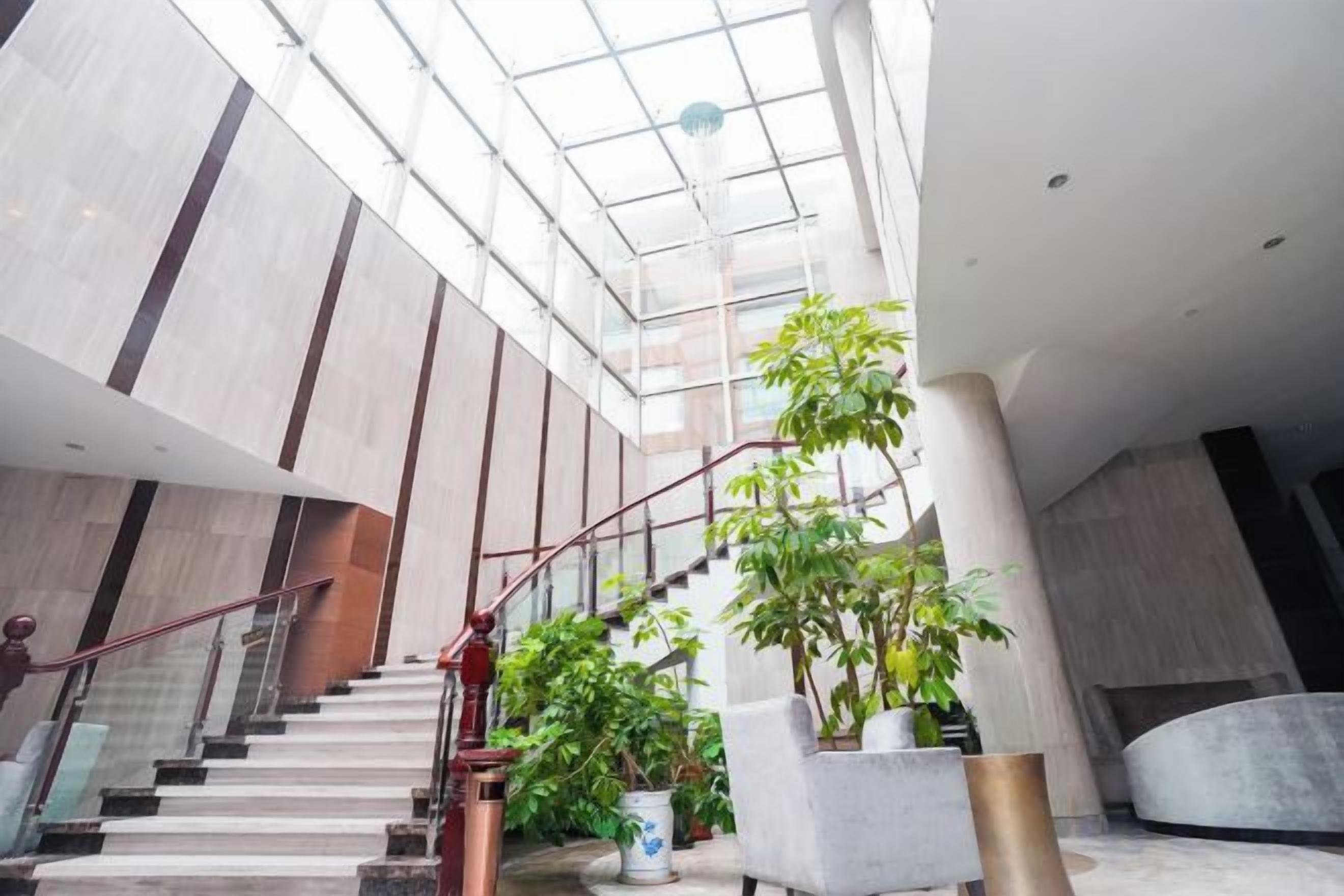A modern interior with a staircase, large windows, and indoor plants.