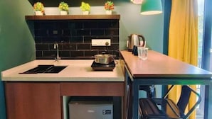 Cocina compacta con lavamanos, encimera y lavavajillas integrado. Hay plantas en macetas en un estante sobre la encimera, y una tetera en la encimera.